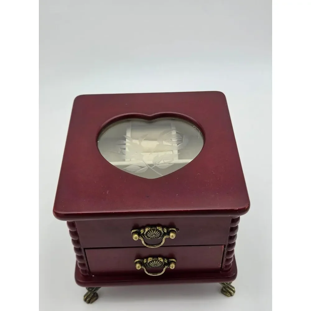 Vintage 1990s Wooden Jewelry Box Etched Glass Rose Heart Chery Wood